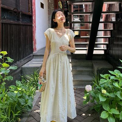 French Elegant Leaf Embroidery Tencel V-neck Lace Fairy Skirt Short Sleeve Dress Long Dress Casual Style Elegant Dress