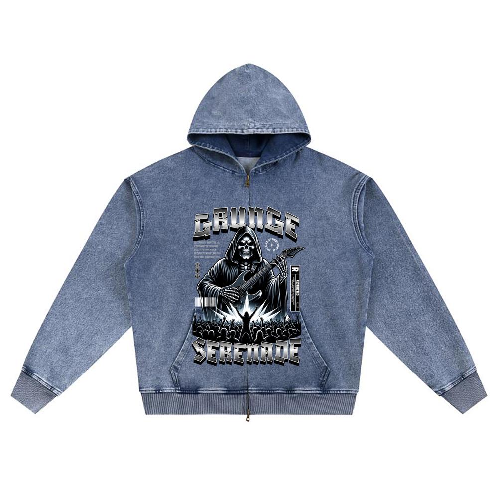 DTG print Knitted Denim Zip-Up Hoodie Grunge Serenade T Shirt Brother Print Zipper Hoodies  