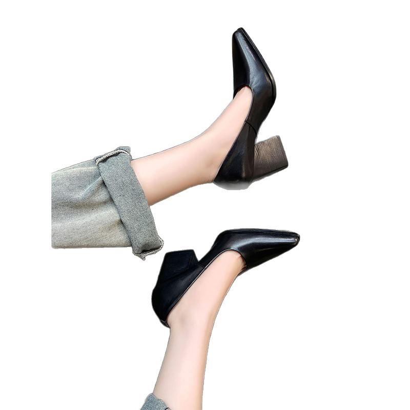 One pedal~ 2025 spring new retro pointed head shallow mouth 8cm thick heel high heels women's versatile commuter shoes