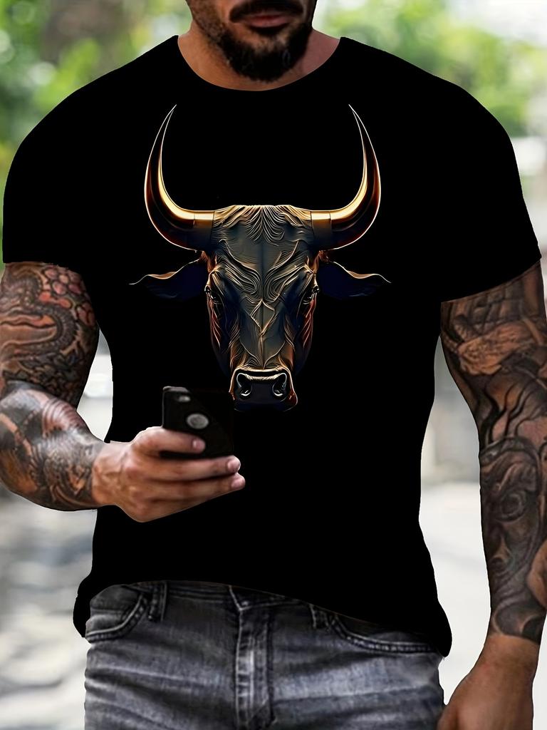 Men'S 3D Print Bull Head Graphic T-Shirt,Round Neck,Short Sleeves,Loose Casual Streetwear,Perfect for Summer.