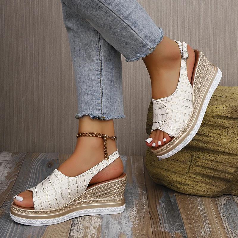 Fashion Summer New Plaid Pu Leather Sandals for Women Fashion Anckle Strap Wedge Sandal Female Plus Size Daily High Heel Sandalias Mujer