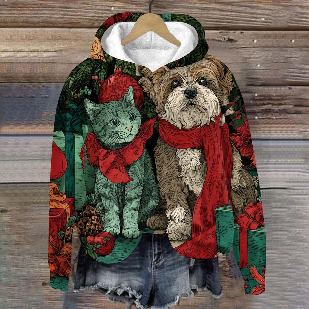 Women's Fashion Long Sleeve Christmas Print Loose Hooded Sweatshirt Top
