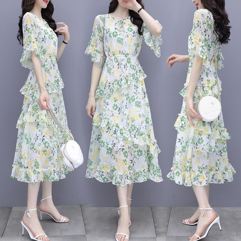 Elegantes florales Chiffonkleid Sommer Slim Taille Stufenrock Frischer Stil Mode