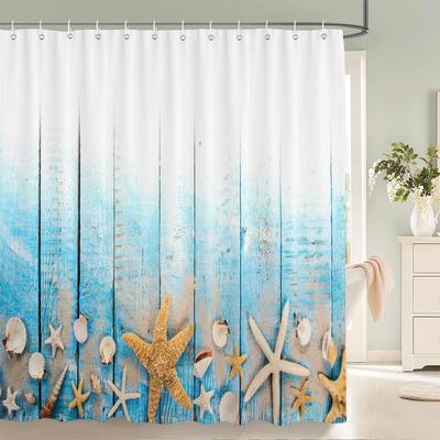Blue Ocean Beach Shell Starfish Shower Curtains Bathroom Curtains Waterproof Polyester Bath Curtain with 12 Hooks Shower Curtain