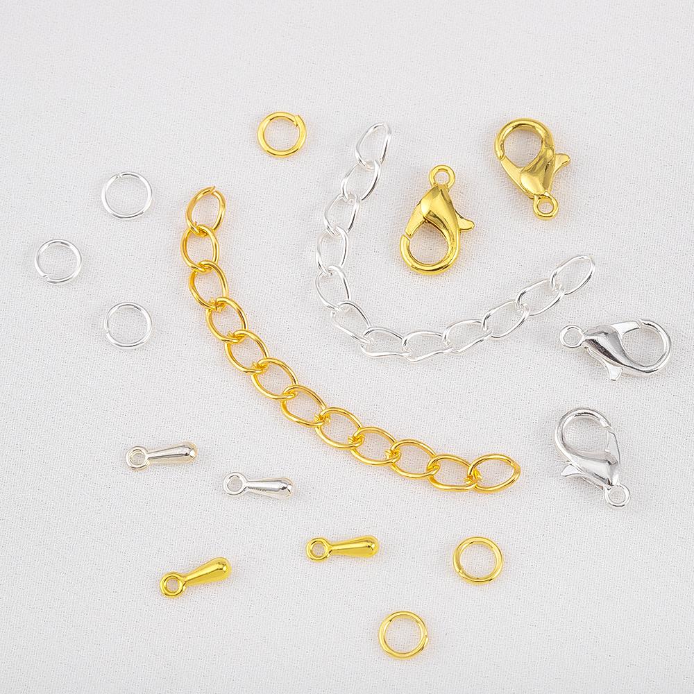 200pcs/Box Lobster Clasp Jump Rings Extension Chain Water Drop End Pendants Connector Chain Charm Kit for DIY Jewelry Findings