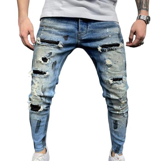 Men Jeans Ripped Whitewashed Multi Pockets Bottoms Skinny Washable Denim Pants Streetwear