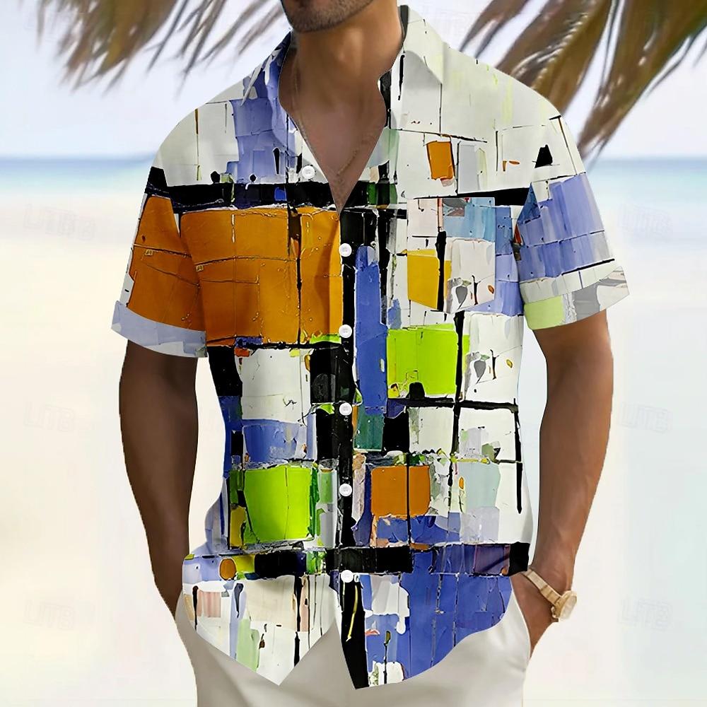 Men's Geometric Color Block Grid / Plaid Shirt Casual Shirt Button Up Shirt Short Sleeve Fashion Casual Streetwear