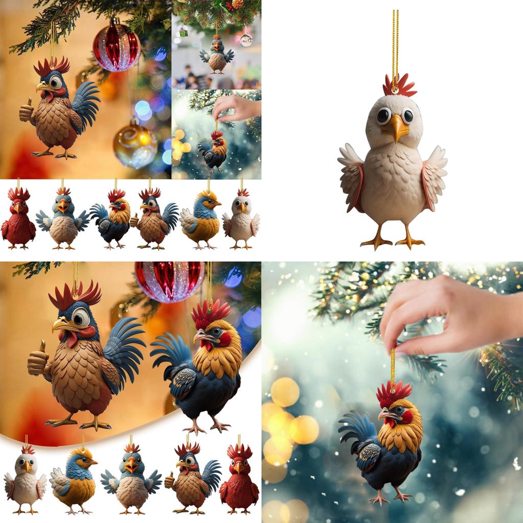 Adorable Acrylic Christmas Cartoon Chicken Car Pendant For Festive Holiday Decor
