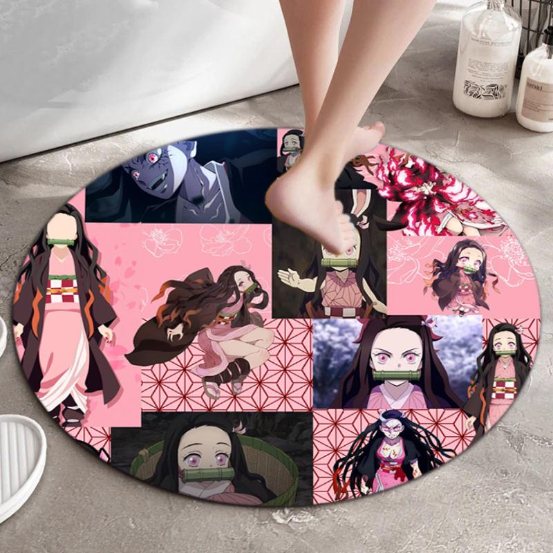 Classic Japanese-style Cartoon Demon Slayer Round Rug, Home Soft Decorative Anti-slip Yoga Mat and Chair Mat, Outdoor Floor Mat Carpet K24