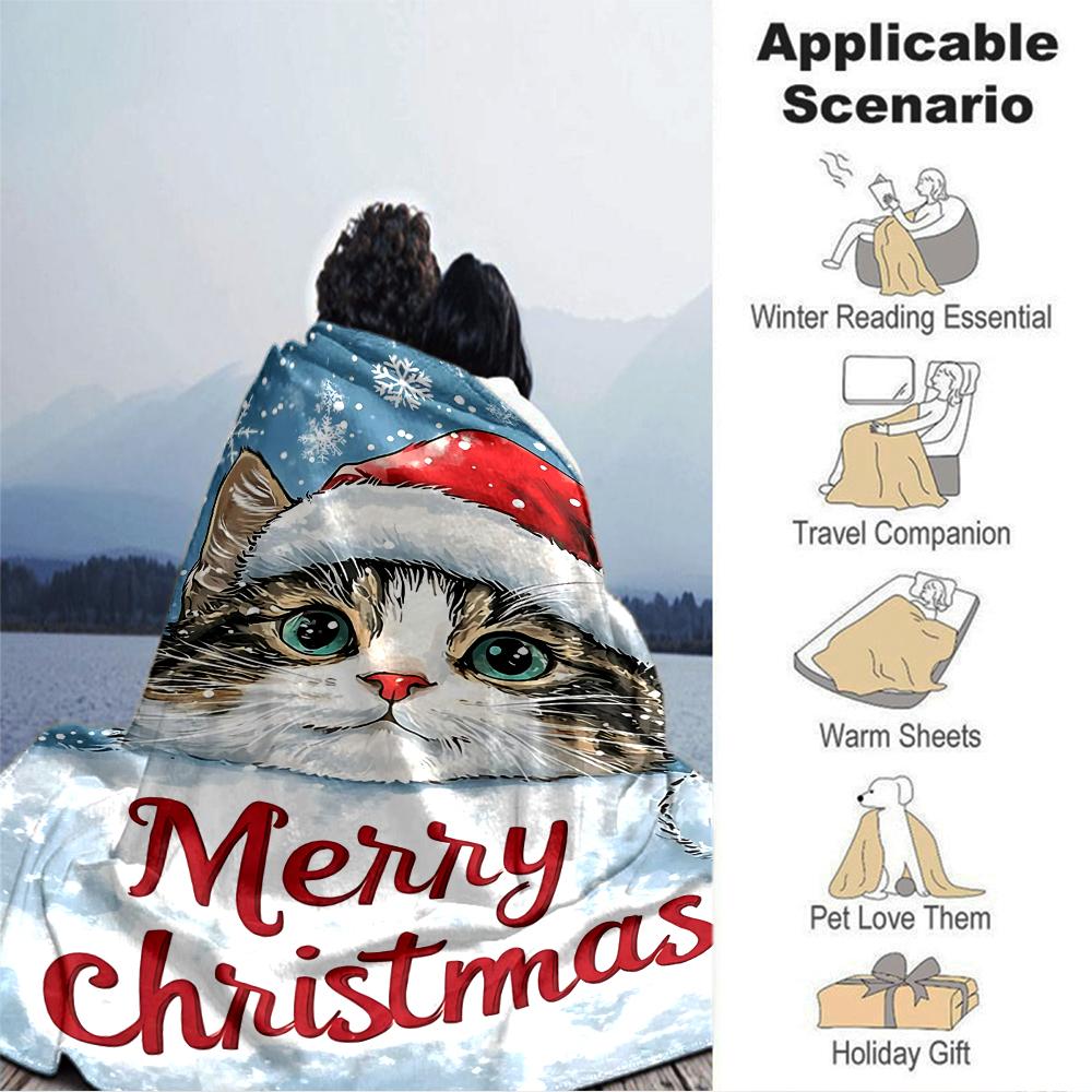 Christmas Cat Card Blanket Soft Throw Blanket For Home Bedroom Bed Sofa Travel Office Solid Christmas Blanket
