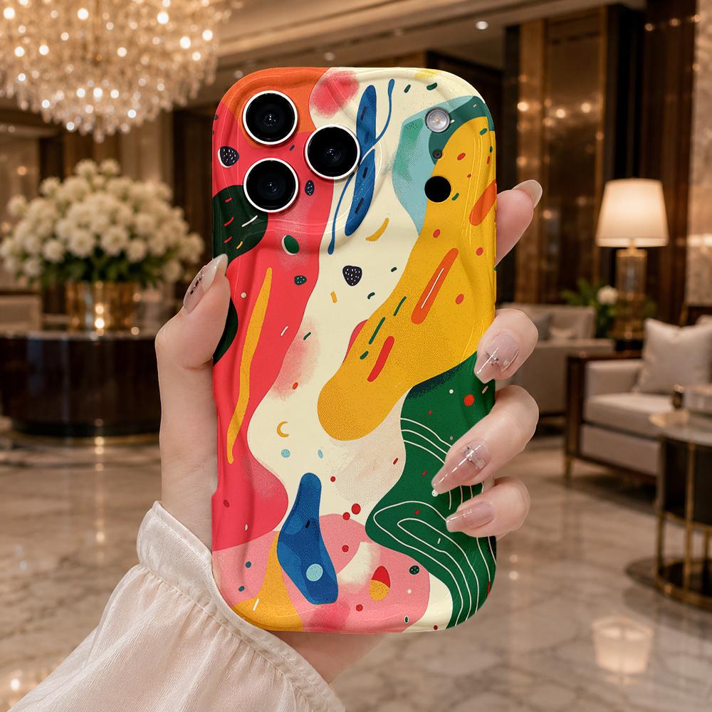 Abstract Color Block Doodle Phone Case For iPhone 17 16 15 14 13 12 11 Pro Max Plus Wavy Edge Protective Cover
