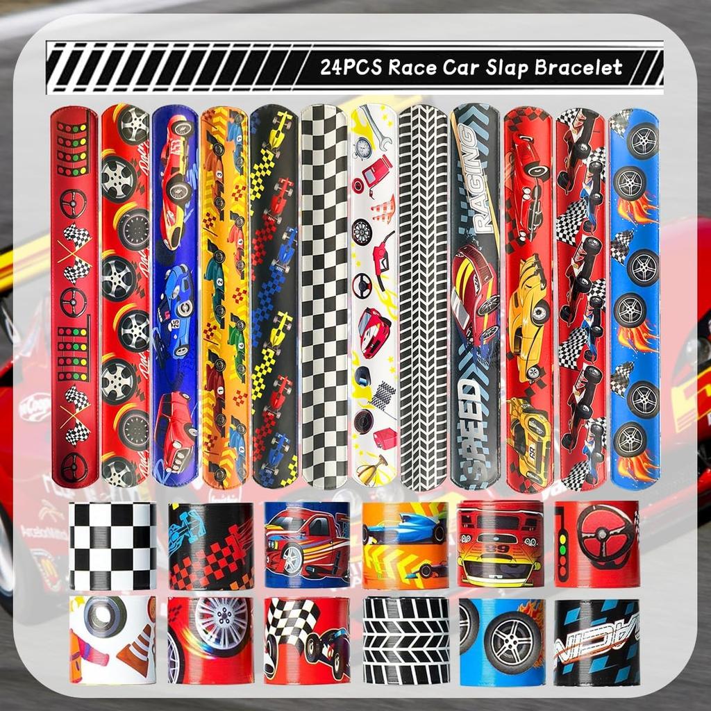 24 Pcs Race Car Party Decorations Favors Racing Bracelet Racing Wristbands Bracelet Checkered Slap Bracelets Dirt Bike Task Game Decorations Car