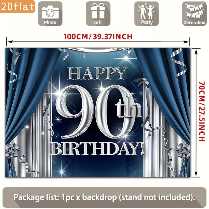2D 90. Geburtstag Fotografie Hintergrund Marineblau Silber Vorhang und Glitzer Party Hintergrund