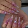 Pink 3D Heart False Nails - Long Pointed Gradient Nail Art, Popular In European and American Styles