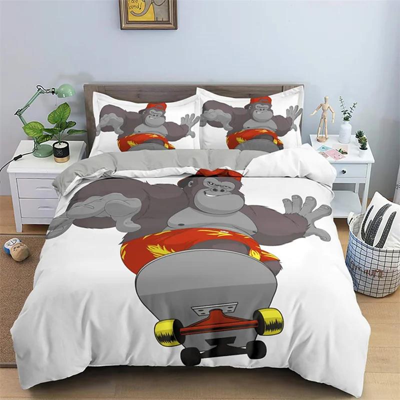 Housse de couette Orang-outan Taille Jumeau Reine Ensemble de literie Singe Mignon Thème Animaux Sauvages Housse de couette Housse de couette Faune Ensemble 3 Pièces EU Single(135x200cm)