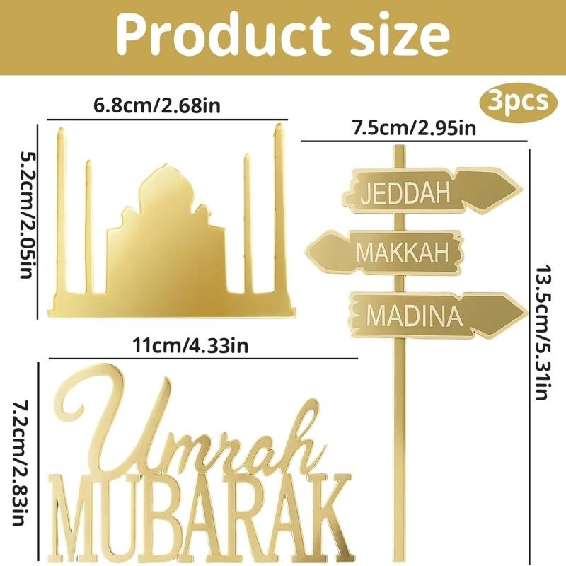 3pcs Umrah Mubarak Cake Topper Cupcake and Cake Decorations for Eid Ramadan