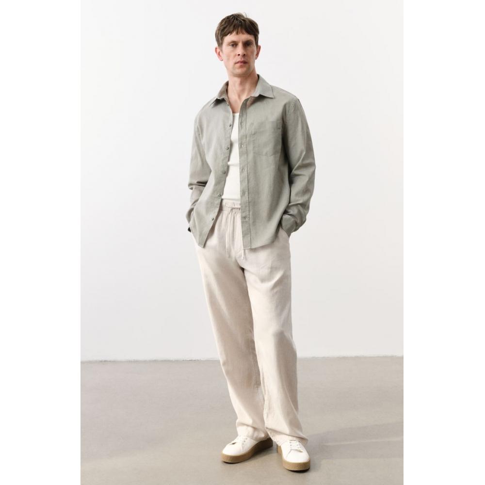 H M Regular Fit Linen Blend sHirt kHaki Green