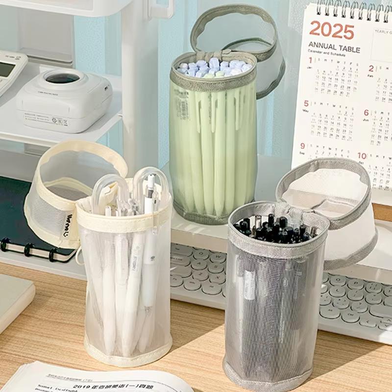 Minimalist Transparent Mesh Pencil Case Large Capacity Flip-Top Solid Color Pen Holder Portable Stationery Storage Bag