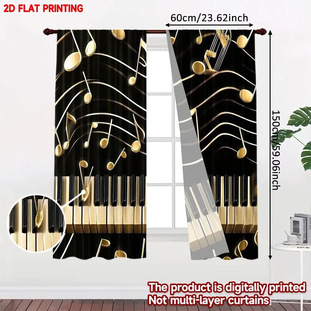 Set Of 2 Music Notes Piano Key Curtains Black Background Golden White Keys Room Decor Made Polyester