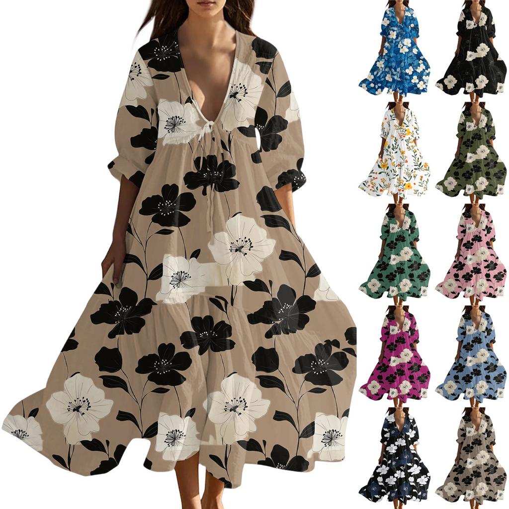 Women's Summer Fashion V-neck Retro Floral Print Short Sleeved Beach Dress With Lace Patchwork Dress