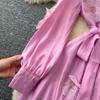 Chic Vintage Three-dimensional Single Breasted Slim Elegant Fairy Korean Fashion Boho Women Clothing Long Dress