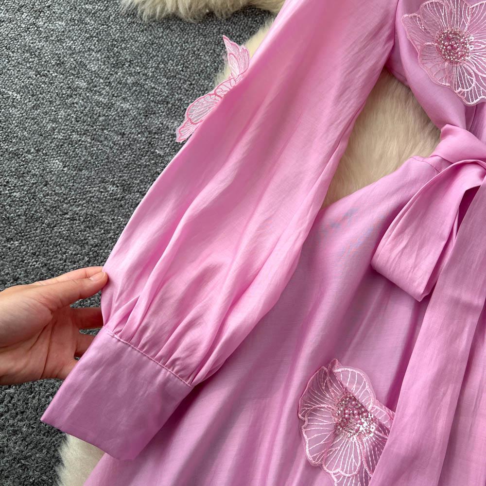 Chic Vintage Three-dimensional Single Breasted Slim Elegant Fairy Korean Fashion Boho Women Clothing Long Dress
