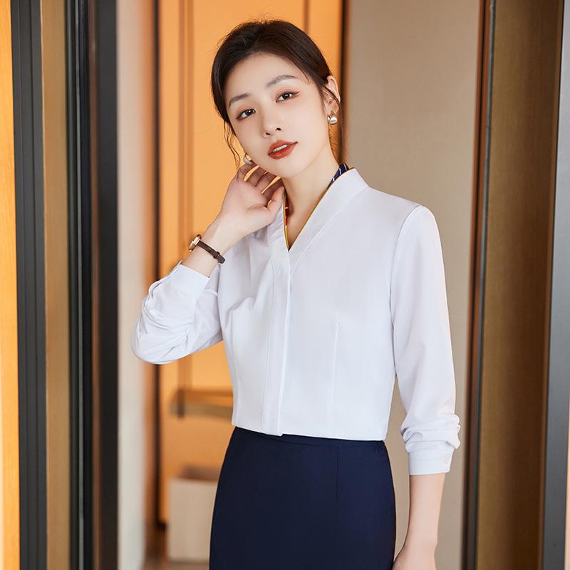 Women's Plus Size V-neck White Blouse: Professional Workwear and Flight Attendant Uniform