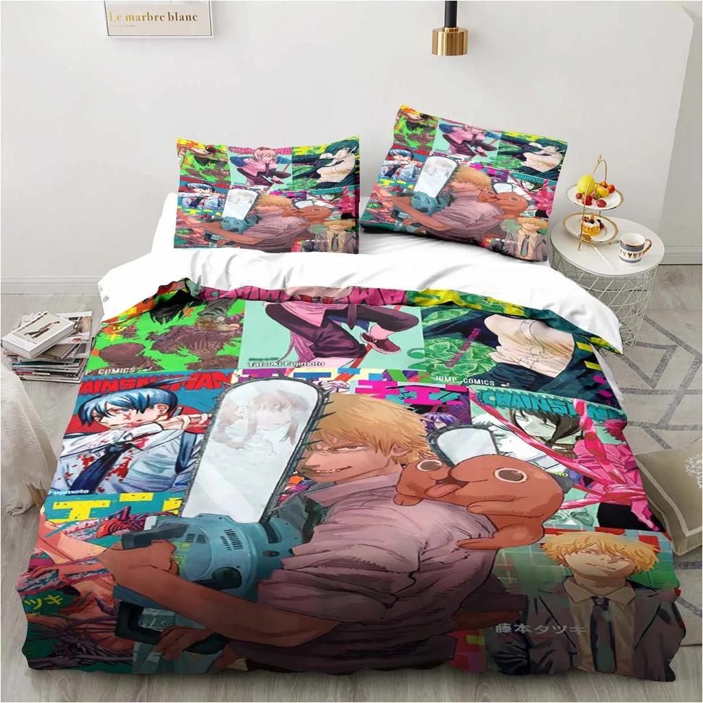 Chainsaw Man Bedding Lovely Anime Cartoon Twin Bedding Set 3 Piece Comforter Set Bed Duvet Cover Double King Cover Home Textile Tool