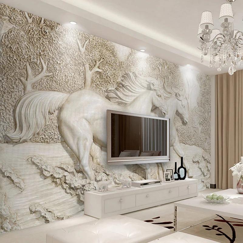 3d Wallpaper Stereo Relief White Horse Photo Wall Murals Classic Living Room Tv Backdrop Wall Mural Home Decor