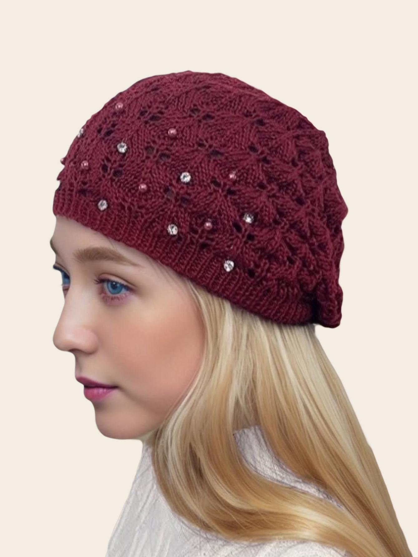 

Весна-лето Новые вязаные шапки для женщин Жемчуг Hollowed Elastic Casual Beanies One Size бордовый