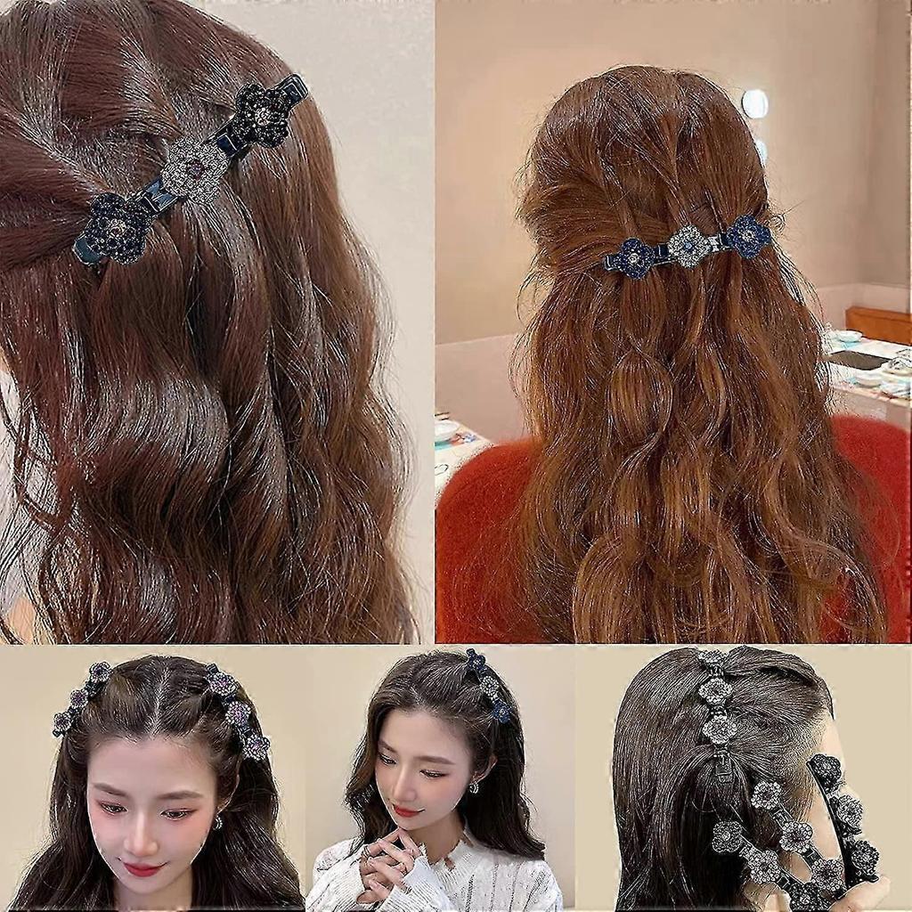 4PCS Sparkling Crystal Stone Braided Hair Clips, Four-Leaf Clover Chopped Hairpin Duckbill Clip with 3 Small Clips, Braided Hair Clip with Rhinestones