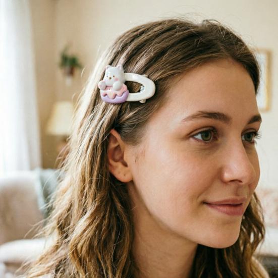 5Pcs Girl Hairpins White Bear Hollow Design Oval Hair Clips Cartoon Style Stable Hair Fixing Pins Multiple Styles Hair Accessories