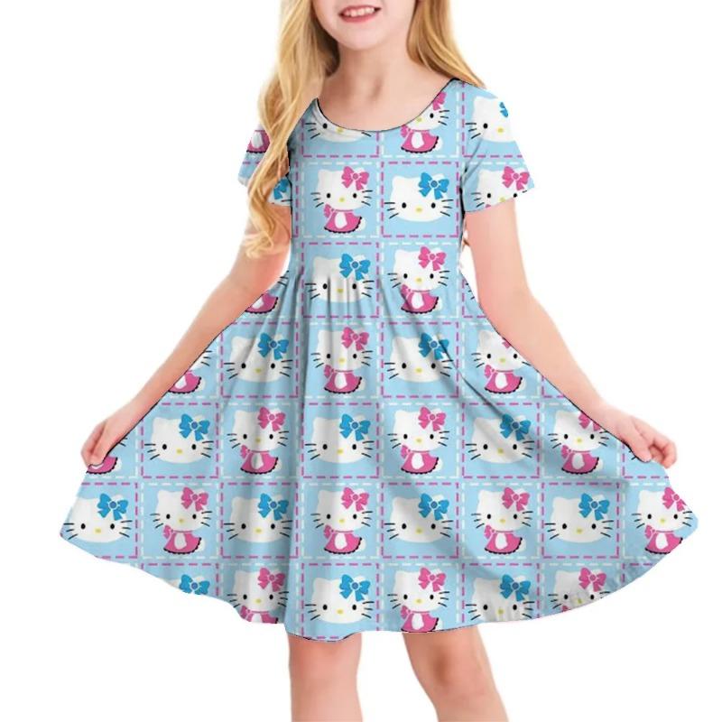 3D Printed Sanrio Hello Kitty Fashion Cartoon Pattern Cute Short Sleeved Dress Cosplay Youth