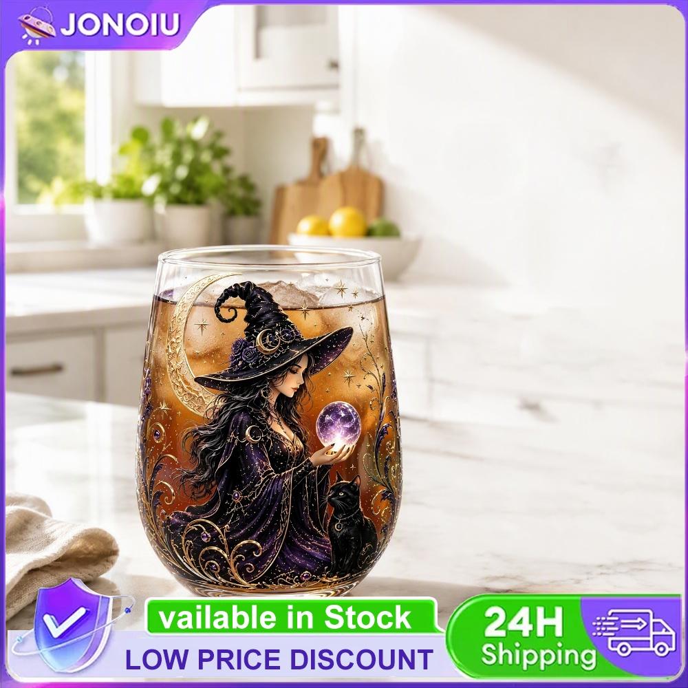 Witch Crystal Ball Stemless Glass Cup Pumpkin Moon Star Occult Fantasy Halloween Cocktail Gift Tumbler