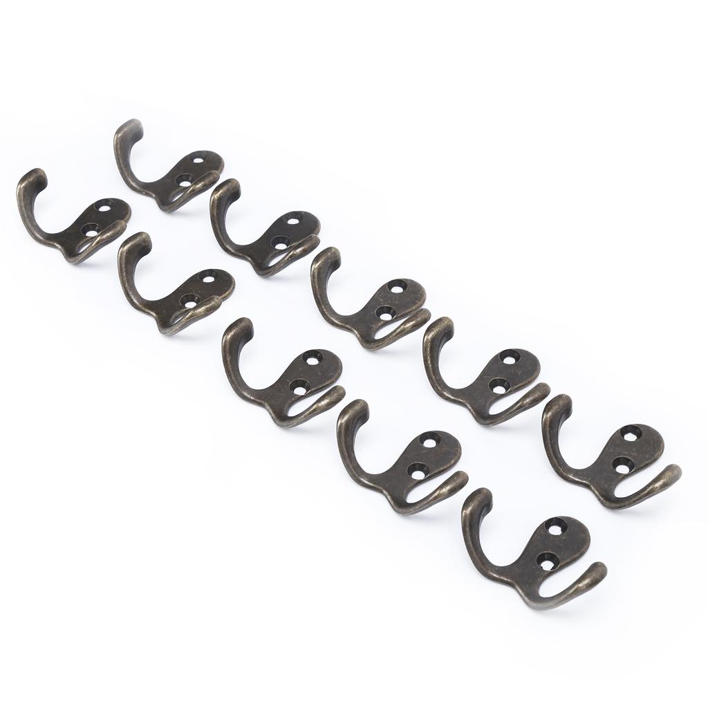 10Pcs Coat Hooks Small Double Prong AntiRust Sturdy Convenient Wall Mounted Tiebacks for Coat Clothing Keys(Antique Brass Plating )