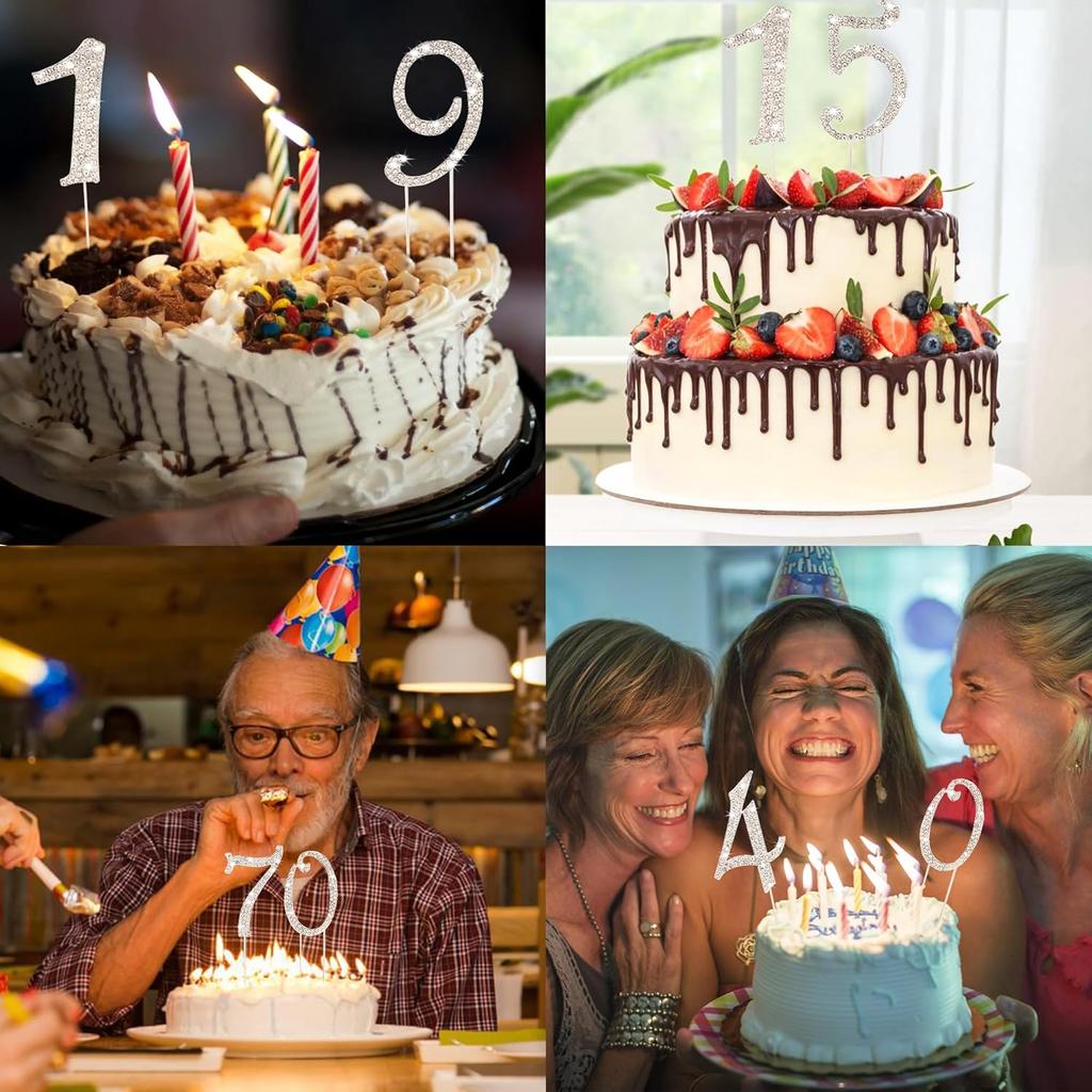 BEIDHIA Number Cake Topper 0-9,Silver Bling Rhinestone Happy Birthday Cake Topper for 10th 20th 30th 40th 50th 60th 70th 80th 90th Birthday Party