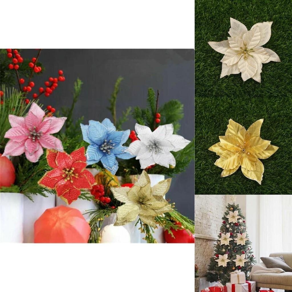 Elegant 10pcs Christmas Large Poinsettia Glitter Flower Arrangement For Trees