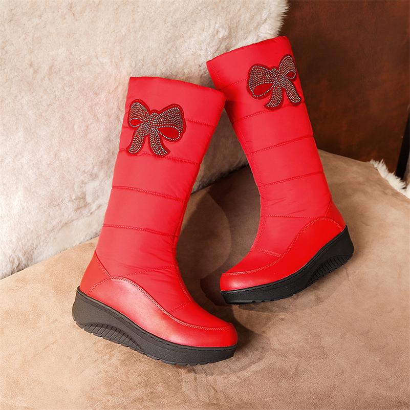 Women Mid Calf Boots Round Toe Flat Platform Mid Heels Crystal Platform Fur Bow Ladies Fashion Shoes Winter Black 44