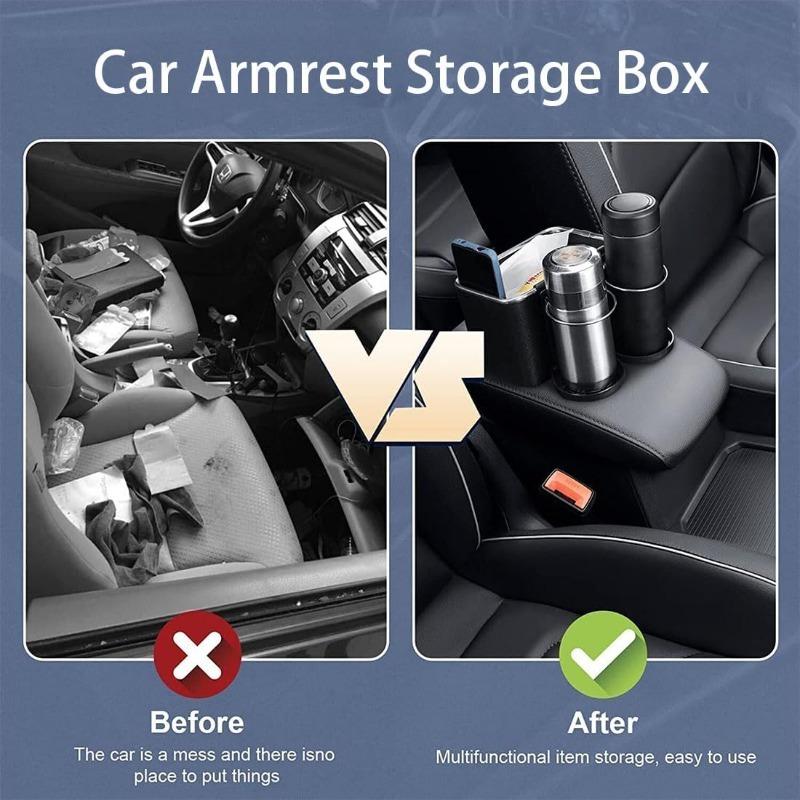 Car Armrest Storage Box, Car Armrest Storage Box with 2 Cup Holders, Armrest Storage Box for Your Car, (1Pcs-Black)