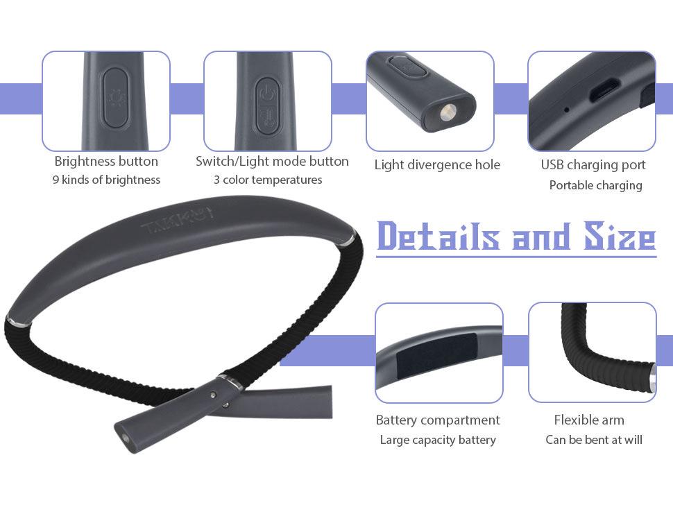 Erhältlich: USB Wiederaufladbares LED Buchlicht, Dreifarbig Einstellbar mit Doppelkopf, Nacken-Hänge-Design zum Lesen bei Nacht.