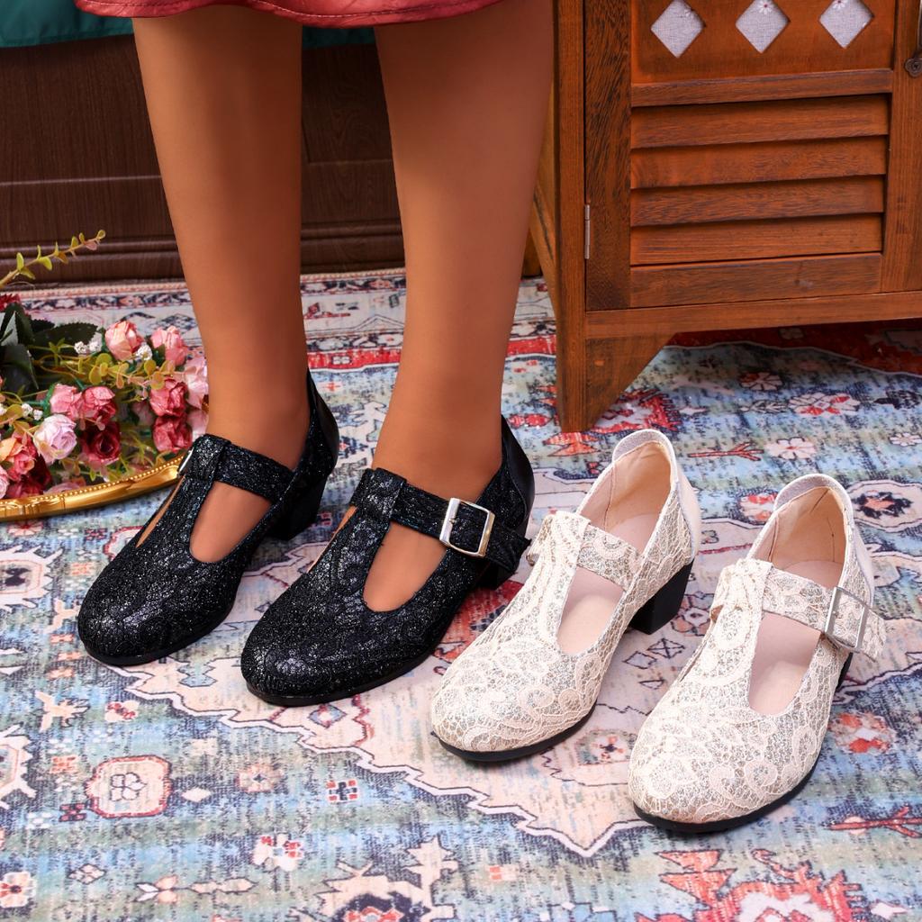 New Mary Jane Shoes Women's French Thick Heel Middle Heel One Word with Satin Light National Style Retro Light Mouth Single Shoes