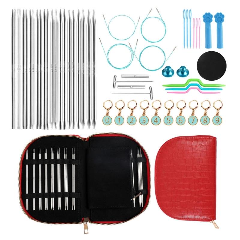 

11 пар сменных круговых спиц из нержавеющей стали 2,0 мм-5,0 мм с чехлом для хранения для вязания и рукоделия красный