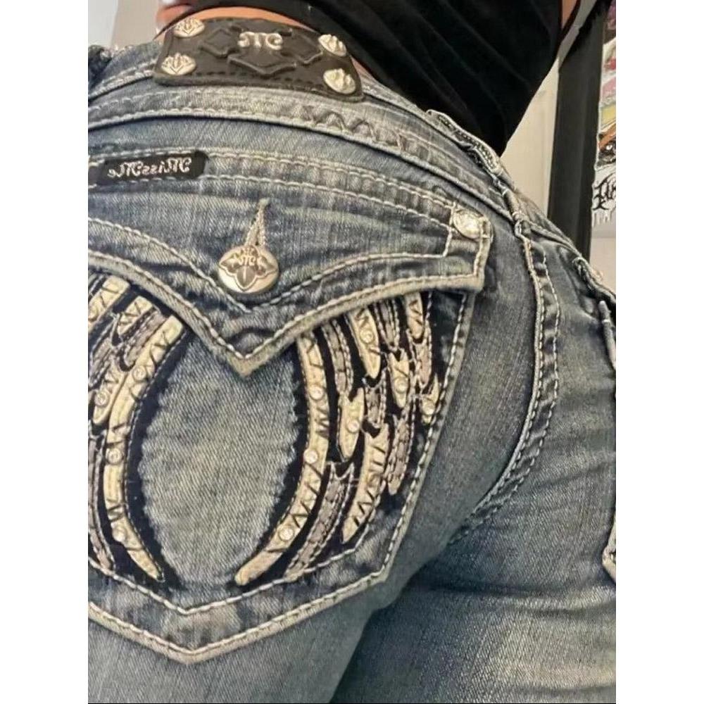 RogueWave Fashion Loose-Fit Straight Trousers Spring/Autumn Vintage Embroidery Diamond Denim Trousers