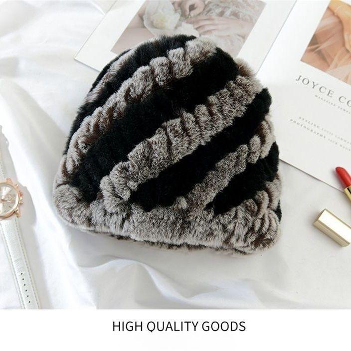 Knitted Hat Winter Rex Rabbit Knitted Middle-aged and Elderly Warm Thick Fur Fashion New Mother Ear Protection Pineapple Hat