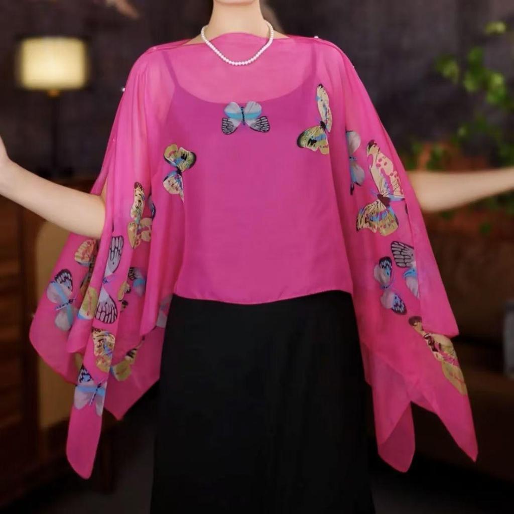 2025 Summer Women's Butterfly Print Silk Scarf and Sun Protection Shawl