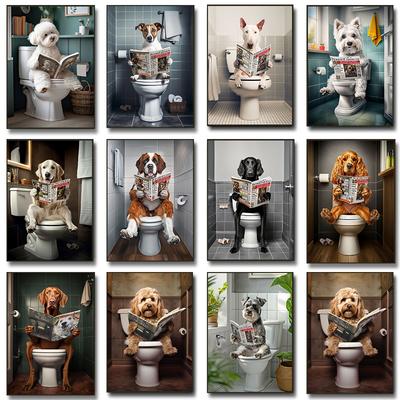 Komik Banyo Poster Köpek Gazete Okuyor Tuvalette Baskılar Evcil Hayvan Sahibi Hediye Tuval Resim Duvar Sanatı Resim Ev Banyo Dekorasyonu