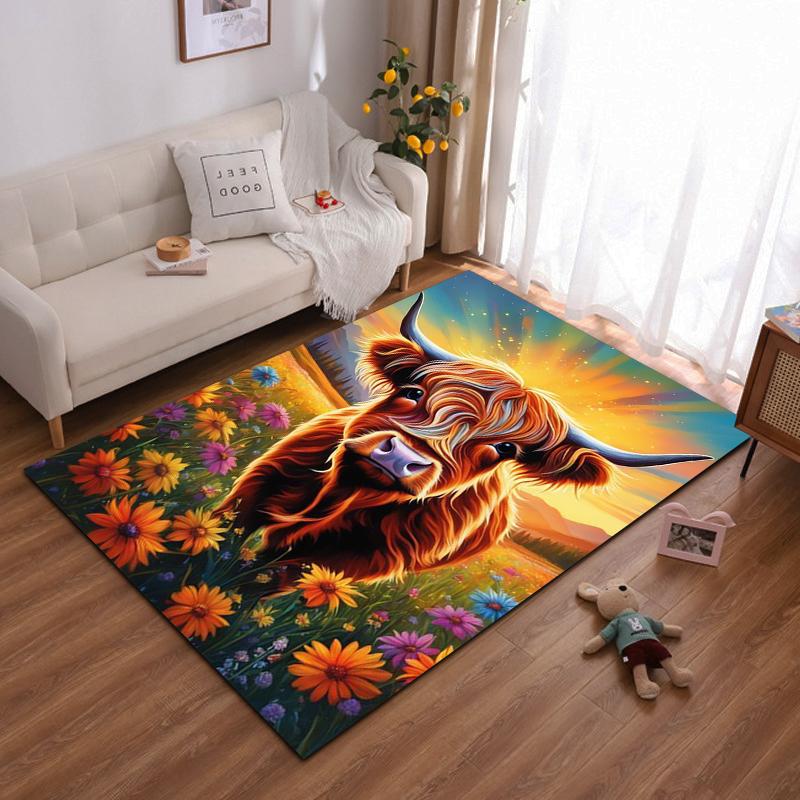 "Colorful Highland Cow in Floral Field Rug - Non-slip rug suitable for living room and bedroom sofas"