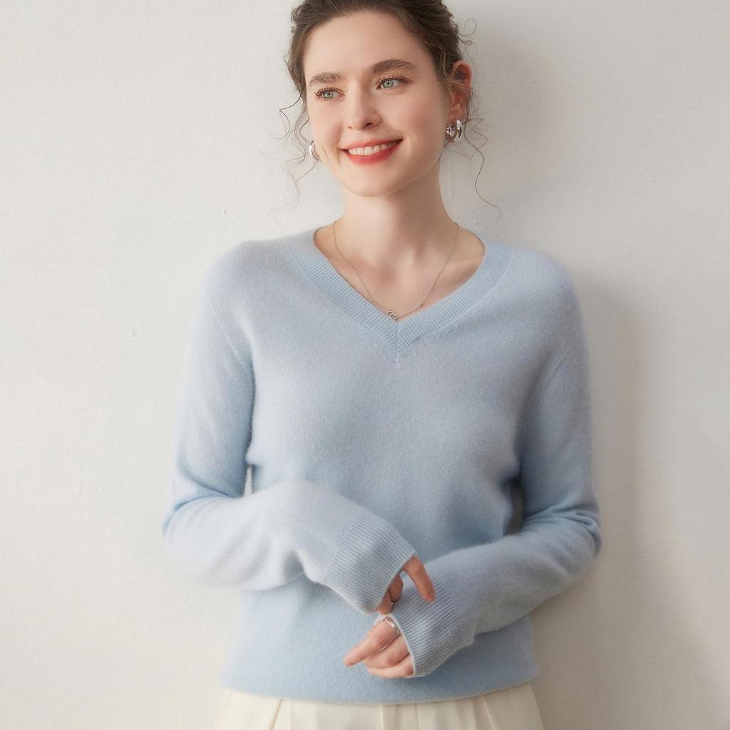 Women's Cashmere Knitwear V-Neck Sweater - Autumn/Winter Long Sleeve, Versatile Crossover Ribbed Design, Loose Fit, Slimming Innerwear