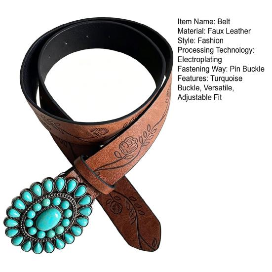 Western Belt with Retro Turquoise Buckle Retro Flower Pattern Faux Leather Women Cool Belt