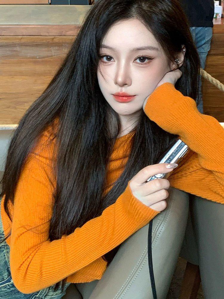 Elegant Tangerine One-Shoulder Knit Sweater - Women's Autumn/Winter Long-Sleeve Top